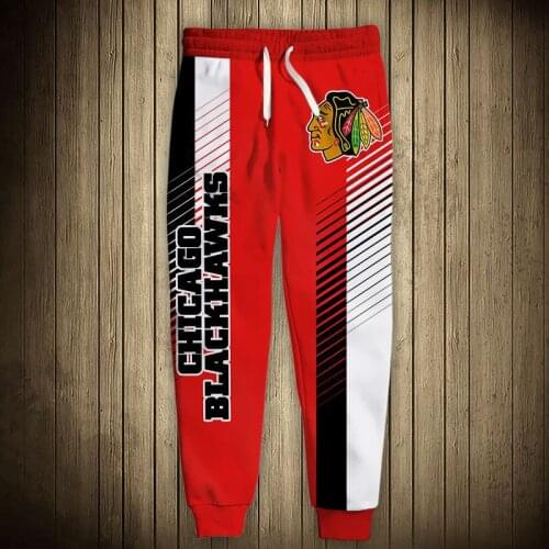 Chicago mens Casual Blackhawks Sports Pants Black Red Striped Doodle Face Print Sweatpants