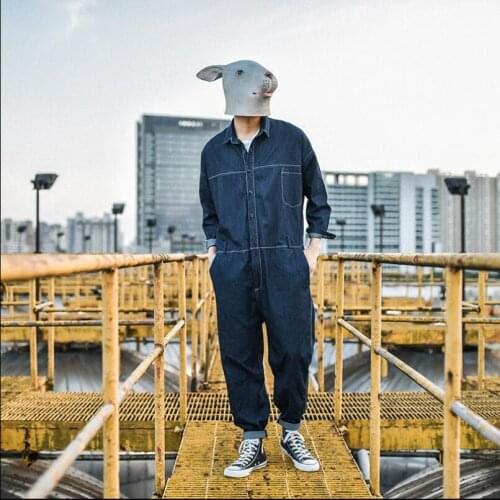 M-xl Mens Denim Jumpsuit Japanese Loose Casual Washed Jeans Korean Version Of The Youth Bib Pants Hairstylist Fashion Overalls