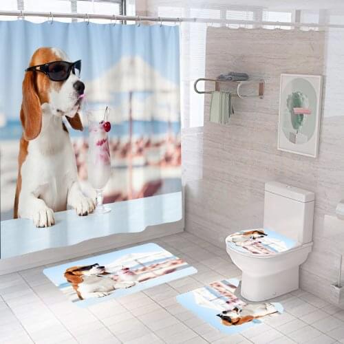 Dog With Sunglasses Shower Curtain Set Funny Aniaml Waterproof Bath Toilet Lid Seat Cover Bath Non-Slip Mat Rug Bathroom Decor