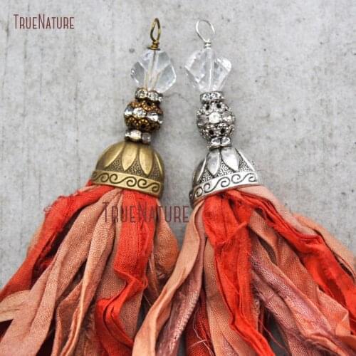 New Copper Tassel Cap Earth Fresh Orange Shades Sari Silk Tassel Charm Long Tassel Pendant For Jewelry In 6.8 inch PM10559
