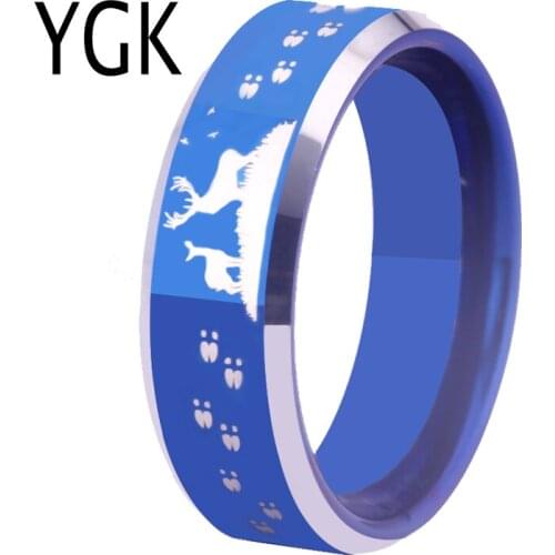 New Fashion Blue Color Buck and Doe Tracks Wedding Ring for Woman Deer Hunting Design Engagement Parry Ring Men Tungsten Jewelry