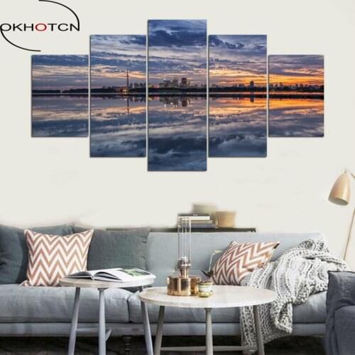 OKHOTCN HD Printed Downtown Toronto Lake Ontario Framed City Night 5 Piece Picture Painting Wall Art Room Decor Poster Canvas