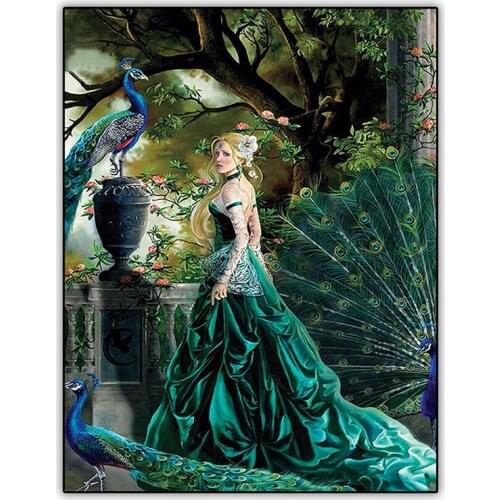 Full Drill Square Diamond Painting 5d Picture Art Green Dress Woman and Peacock Diamant Painting Mosaic Embroidery Accessories
