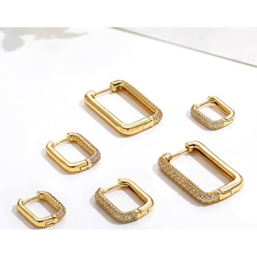 Luxury CZ Zircon Crystal Hoop Earrings for Women Gold Color Geometric Rectangle Earring Ear Buckle Jewelry New 2021