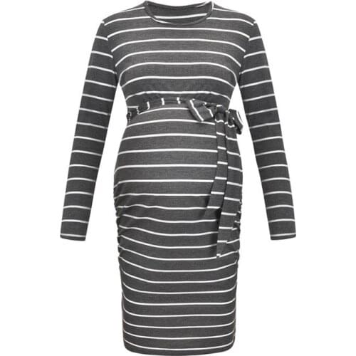Autumn long-sleeved maternity dress round neck striped waist fashion maternity dress pregnancy clothes