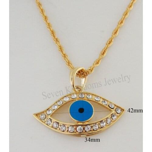 YELLOW GOLD GP OVERLAY FILLED BRASS 24" ROPE NECKLACE & BLUE ENAMEL EVIL EYE PENDANT CZ STONE