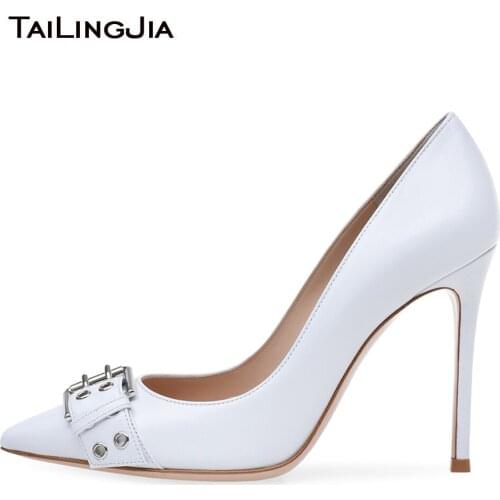 Women White Buckle Basic Pumps Extreme High Heel Pointed Toe Court Shoes Dress Heels Elegant Ladies Stilettos Wedding Shoes 2018