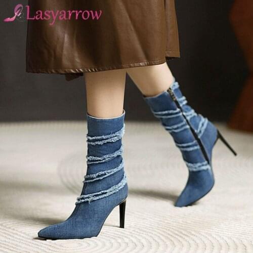Lasyarrow Fashion Denim Ankle Boots Autumn Women Boots Sexy Super High Heel Booties Pointed Toe Zipper Winter Woman Boots Shoes