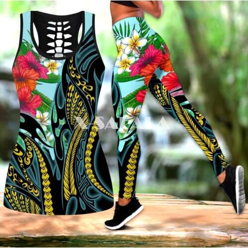 Polynesian Frangipani Flower Two Piece Yoga Set Women 3D Print Vest Hollow Out Tank Top High Waist Legging Summer Casual Sport