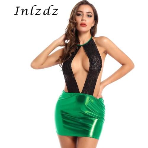 Womens Metallic Patent Leather Dress Lace-up Halter Neck Sleeveless Backless Bodycon Lingerie Skirt Stage Performance Costume