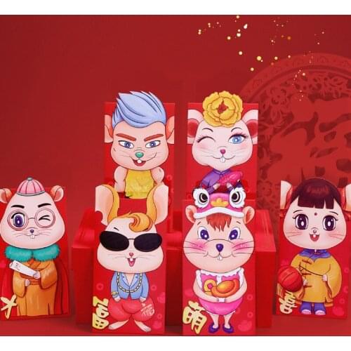 6pcs Handsome Cartoon Chinese Zodiac Mouse Spring Festival Traditional Custom Paper Red Envelopes Money Bag Children Kids Gift