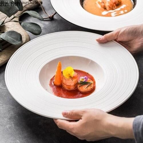 Brushed Stripes White Ceramic Dinner Plate 11-inch Soup Bowl Household Tableware Salad Dessert Plate Kitchen Utensils Porcelain