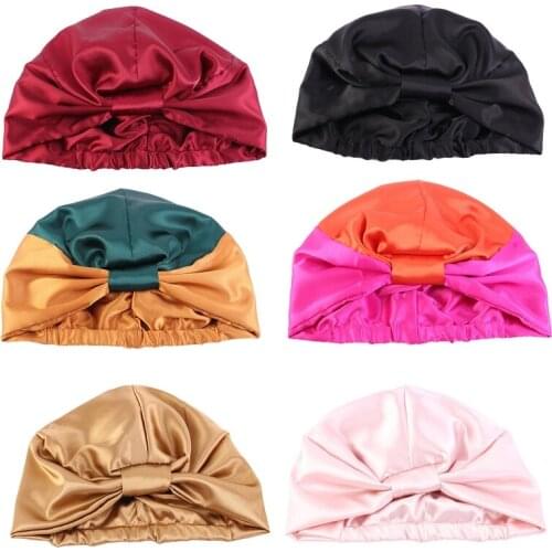 Women Faux Silk Sleeping Bonnet Cap Contrast Color Knotted Elastic Turban Hat F3MF