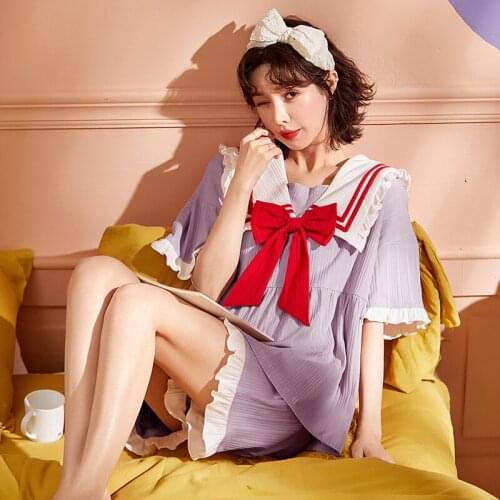 Elegant Purple College Style Red Bows Kawaii Women Pajamas Set Summer Leisure Short Sleeve Cotton Homewear Princess Sleepwear