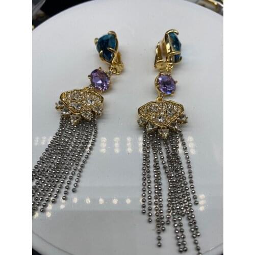 European and American fashion trend gemstone tassel long ear clip trendy womens earrings
