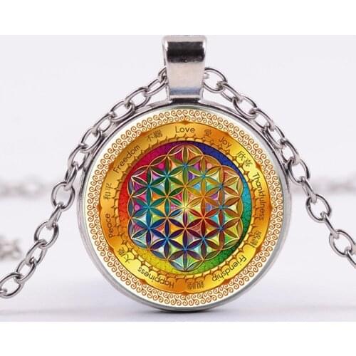 Indian Sanskrit OM Symbol Necklace OHM OM AUM Buddha Lotus Silver Plated Flower of Life Mandala Art Glass Chain Jewelry