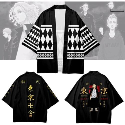 Tokyo Revengers Cosplay Cloak Anime Black White Top for Summer Hanagaki Takemichi Ken Ryuguji Haori Kimono Tee Men Short-sleeve