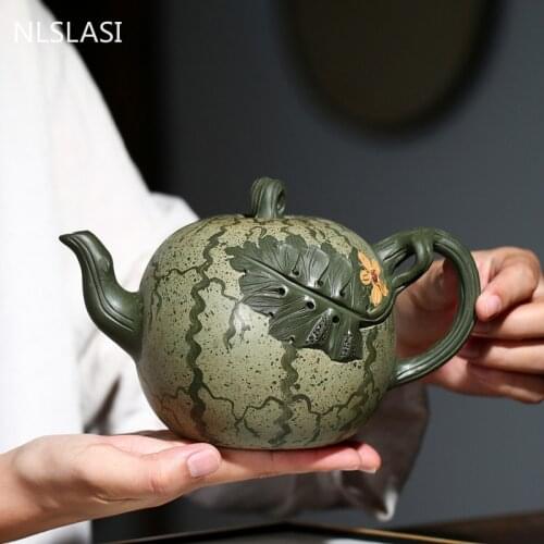 Chinese Yixing Boutique Tea Pot Simulation Watermelon Model Purple Clay Teapot Kettle Tea Ceremony Handmade Customized 700ml