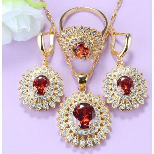Hight Quality African Women Wedding Accessories Necklace And Earrings Red Garnet Bridal Sunflower Jewelry Sets Free Gift Box