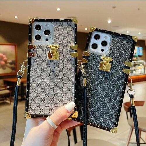 Crossbody Luxury Phone Case Fashion Square Leather Cover for iPhone 12 11 Pro Max XR S21 Plus Note 20 for Women