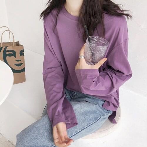 LMQ New 2020 Women Loose Oversized O-Neck Cotton T-Shirts Solid Bottoming Long Sleeve Casual Korean Minimalist Style Tops Tees