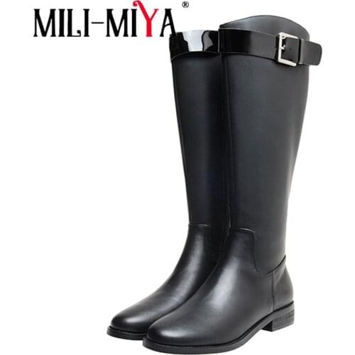 MILI-MIYA Fashion Thick Heels Women Cow Leather Riding Boots Knee High Round Toe Zipper Buckle Strap Casual Shoes For Ladies