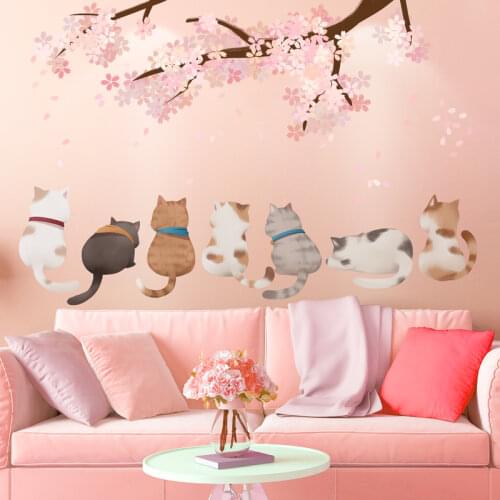 Cartoon Cats Animals Wall Sticker DIY Cherry Blossoms Wall Decals for House Kids Bedroom Baby Room Decoration