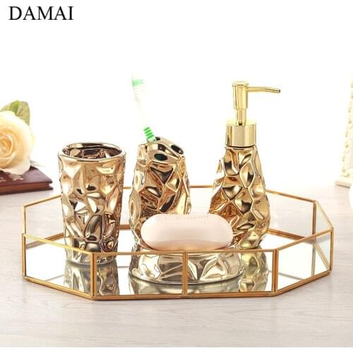 European Luxurious Ceramic Shower Accessories Gilded Golden Five Piece Set Glass Mirror Storage Tray Bathroom Decoration Set