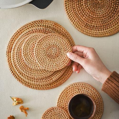 6PCS Handwoven Rattan Coasters Set With Holder Glass Base Cup Coaster Drink Mug Pot Pad Table Mat Tea Set Placemat Tableware