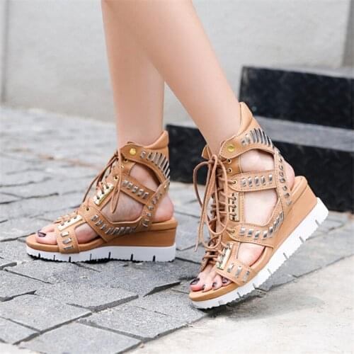 2020 New Hollow Out Women Sandals Gladiator Platform Wedge Sandal Lace Up Summer Boots Sandalias Mujer Wedges Creepers