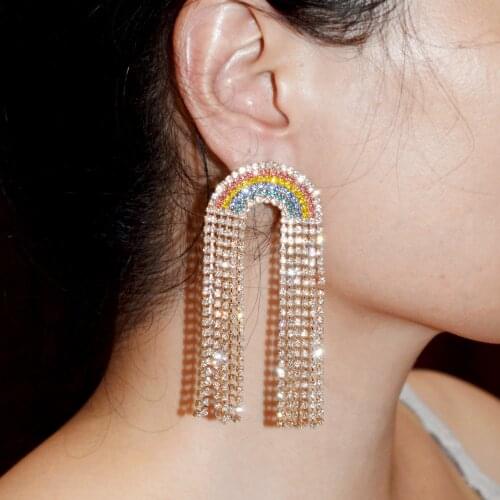 2021 New Fashion Rainbow Rhinestone Tassel Long Claw Chain Earrings Ladies Temperament Jewelry Catwalk