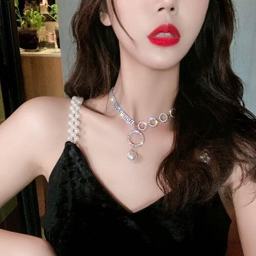 Imitation Pearl Pendant Necklace for Women Rhinestone Clavicle Chain Short Necklaces Female 2021 Fashion Jewelry Collar Simple