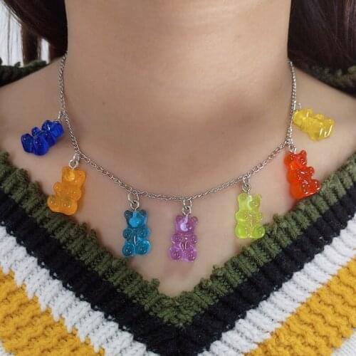Cute Candy Color Cartoon Bear Necklace DIY Handmade Colorful Resin Bear Fresh Necklace Jewelry