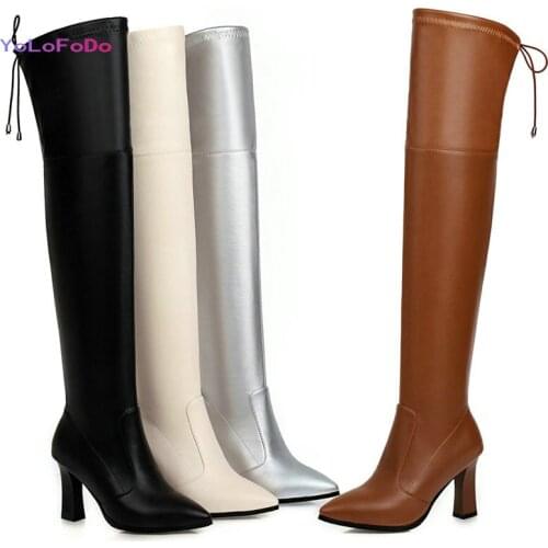 Plus Size 34-45 Women Over the Knee Boots PU Leather Pointed Toe Square High Heel Ladies Stretch Boots Autumn Winter Women Boots