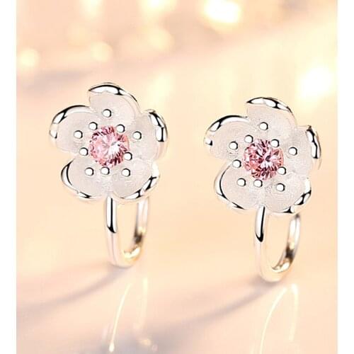 Romantic Pink Cherry blossoms Flower Clip Earrings Female Lovely Sakura Cuff Earring For Japanese Cute Earring Accessories Gifts