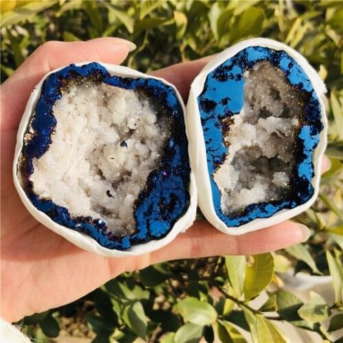 Runyangshi Electroplating blue Natural crystal agate crystal cave emstone agate pieces for home decoration