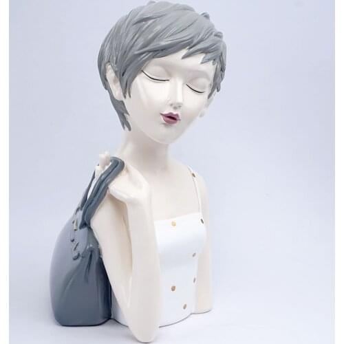 Statue Figurine Sculpture Home Office Table Desktop Decor Ornaments Short hair fashion girl with handbag pink white Modern Cool