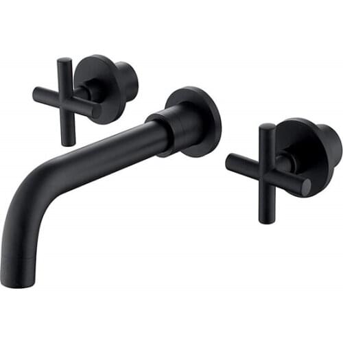 Solid Brass Wall Mount Double Handle Bathroom Sink Faucet Matte Black Basin Mixer Tap (12.6 inches)
