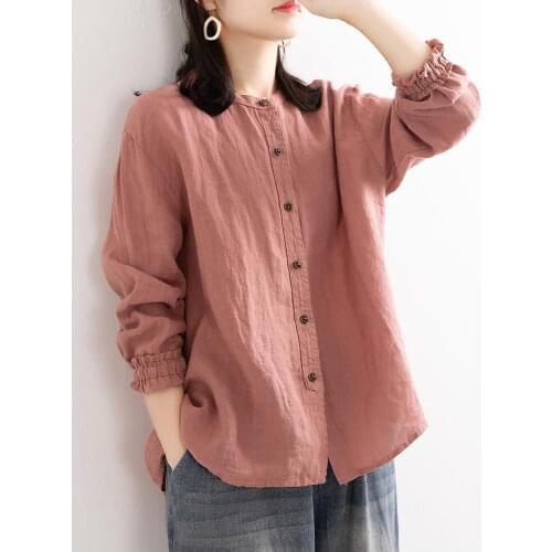 Vintage 100% Cotton Shirt Blouse Women Long sleeve Loose Button up Shirt jacket O neck Ladies Tops Casual Tunic Clothes