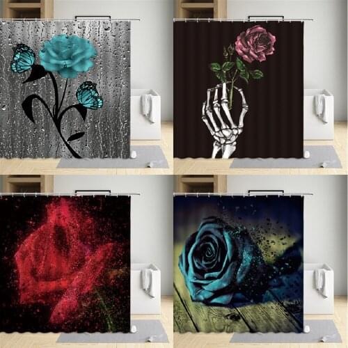 Red Rose Butterfly Pattern Gray Shower Curtain Flower Bathroom Home Decor Polyester Waterproof Washable Fabric Sets With Hooks