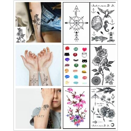 Nu-TATY Waterproof Temporary Sticker Arrow Pointer Black White Rose Little Cartoon Expression Body Arm Men Fake Tattoo Stickers