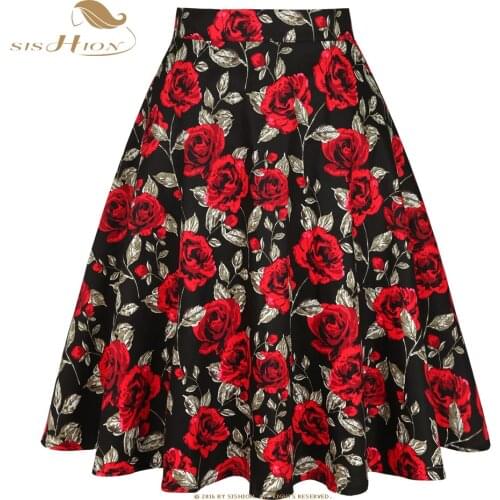 SISHION 2021 Summer Black Rose Printed Floral Skirt VD0020 High Waist Women Cotton 50s 60s Punk Flare Retro Vintage Skirt