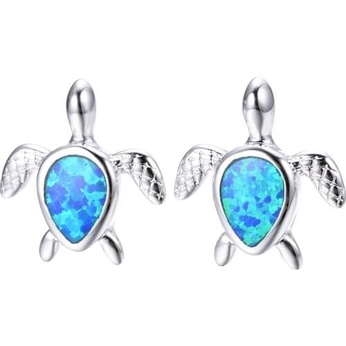 FDLK Cute Turtle Fire Opal Stud Earrings Womens Alloy Jewelry Gifts Tortoise Ear Studs (Color: Blue,White)