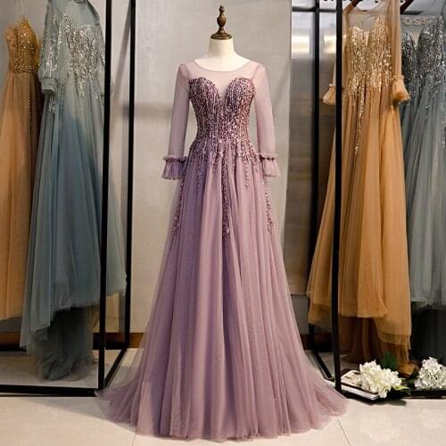Bespoke Occasion Dress Illusion O-Neck Full A-Line Sequined Beading Embroidery Luxury Tulle Lace Women Formal Evening Gown HB132