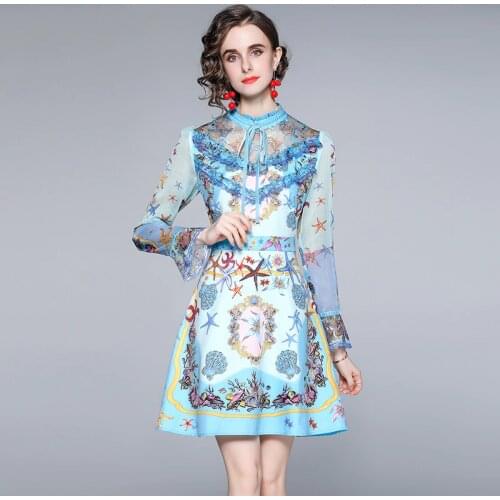 Flare Sleeve Lace Dress Women High Quality Summer Fungus Desigs Long Sleeve Mini Dresses Mesh Lace Chiffon Print Harajuku Dress
