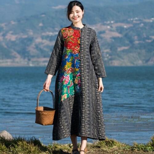 Women Dress Autumn 2019 Moroccan Kaftan Causal Loose Patchwork Oriental Dress Robe Vintage Femme Elegant Chinese Dresses TA1398