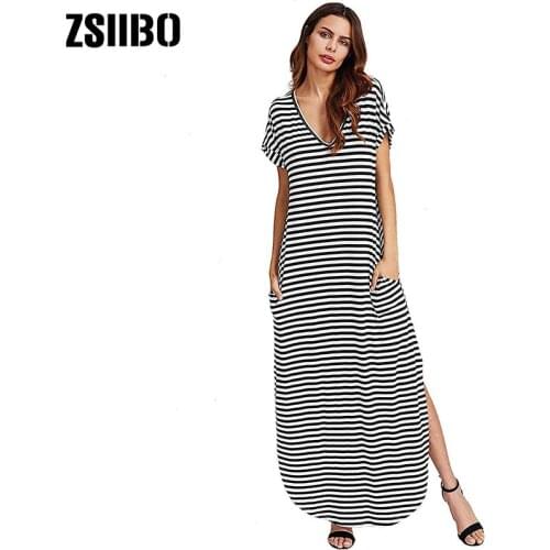 ZSIIBO 2021 Summer AliExpress V-neck striped dress split hem beach long plus size casual dress female