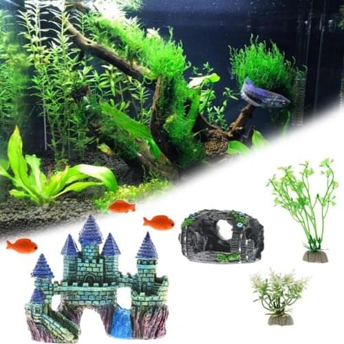 15Pcs/Set Fish Tank Ornament Castle Starfish Design Landscaping Decor Accessories Artificial Simulation Water Grass Aquarium