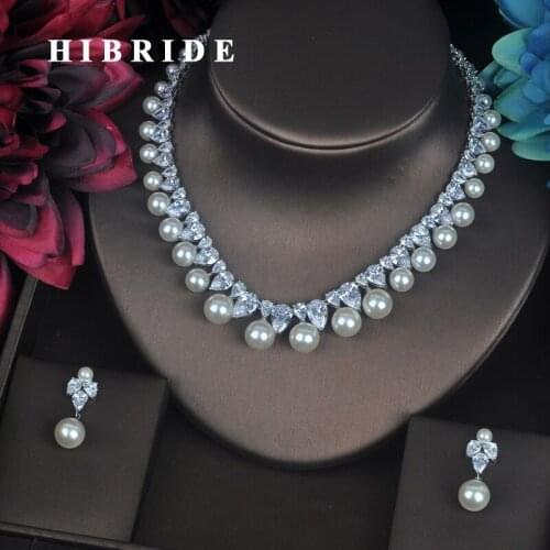 HIBRIDE Luxury Design Simulated Pearl Link Chain Women Wedding Jewelry Sets ,Gold color AAA Cubic Zirconia Set For Bridal N-157