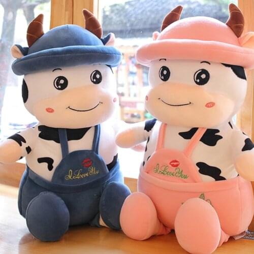 50/80cm Cute Cartoon Cow With Overalls Hat Plush Toys Stuffed Soft Lovely Animals Pillow Dolls For Kids Girls Birthday Gifts